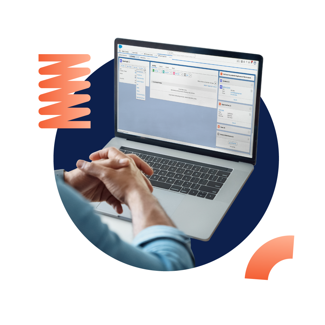 CPQ for Salesforce screenshot in a laptop with orange pattern elements in an image.