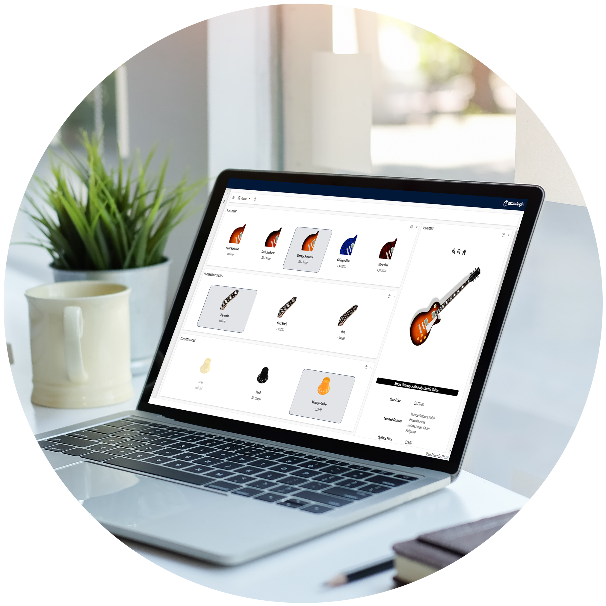 Experlogix CPQ screenshot with a product configurator and guitars on a laptop screen.