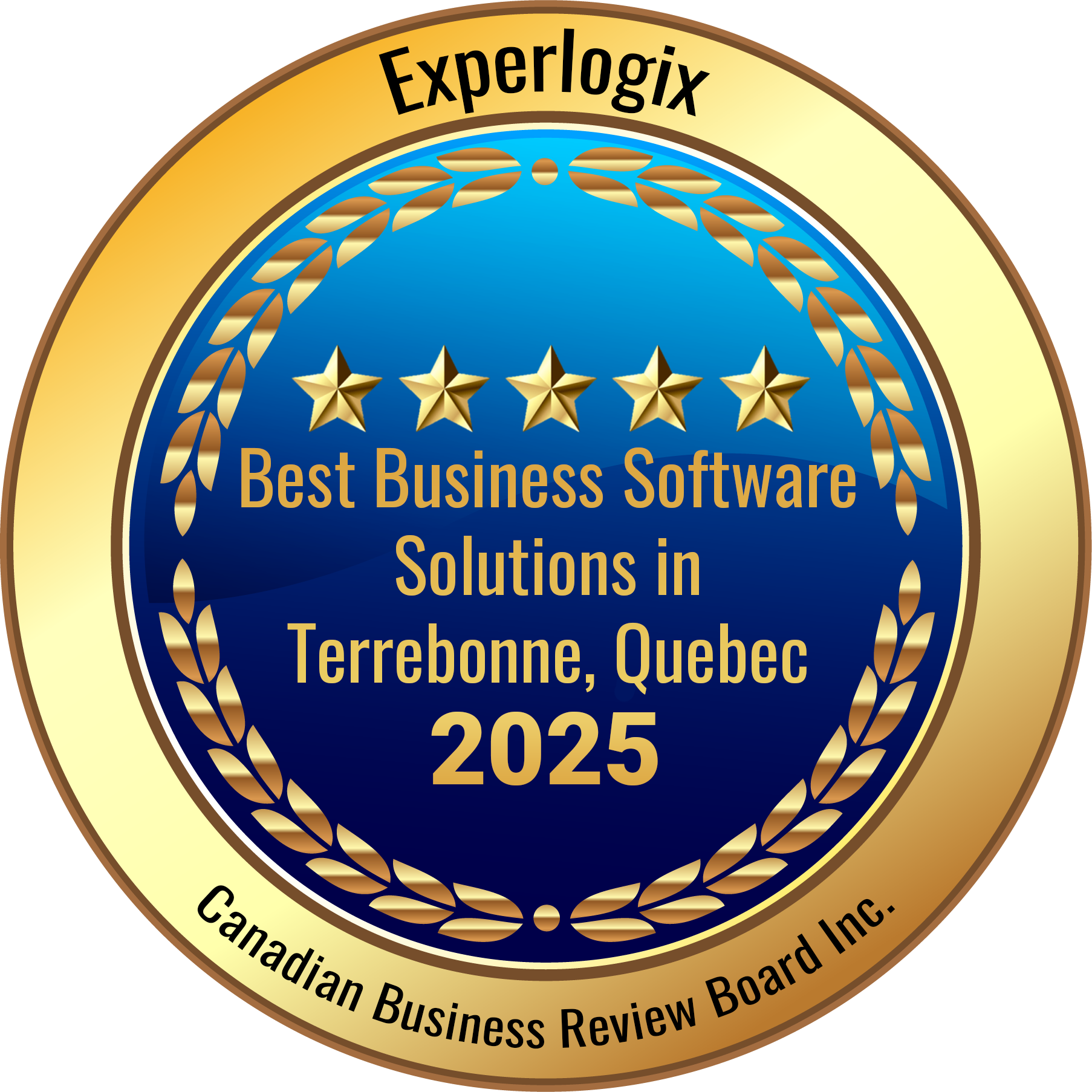 Canadian Business Review Board Inc medal badge stating that Experlogix in Terrebonne, Quebec won the "Best Business Software Solutions" award in 2025.