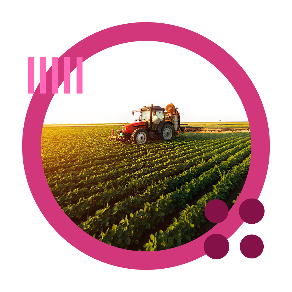 Experlogix Digital Commerce for Agriculture and Spare Parts. The image shows a tractor in a field with a pink circle and pattern graphics.