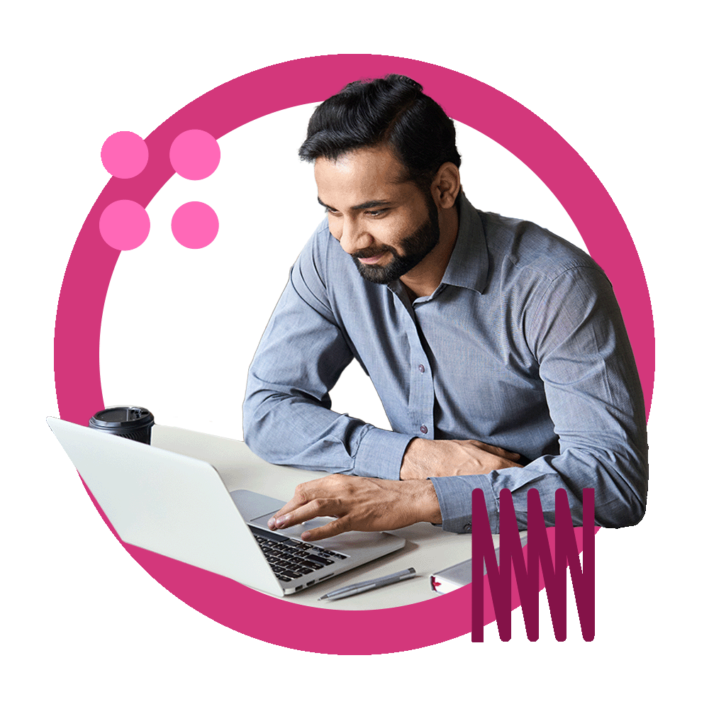 Experlogix Digital Commerce customer portal for CPQ. An Indian office worker man on a laptop device.