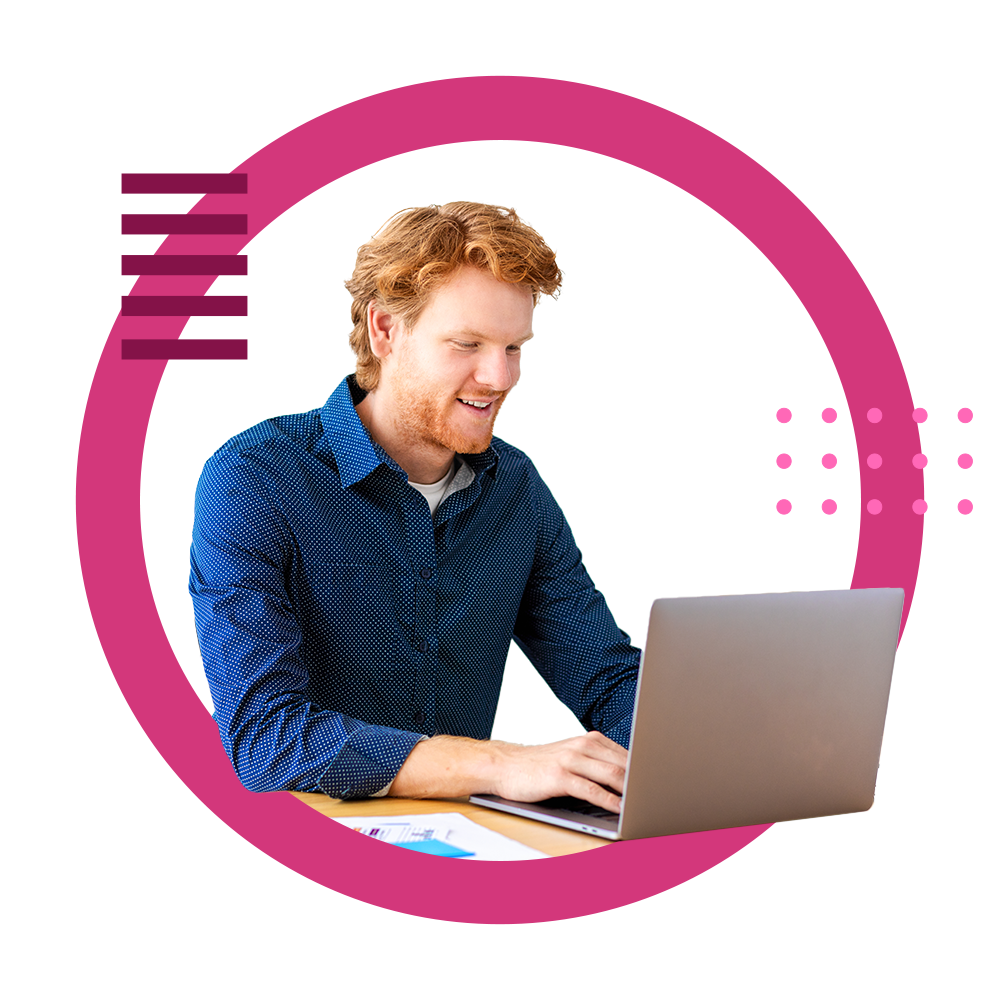 Experlogix CPQ dealer portal with a red-haired man working on a laptop.