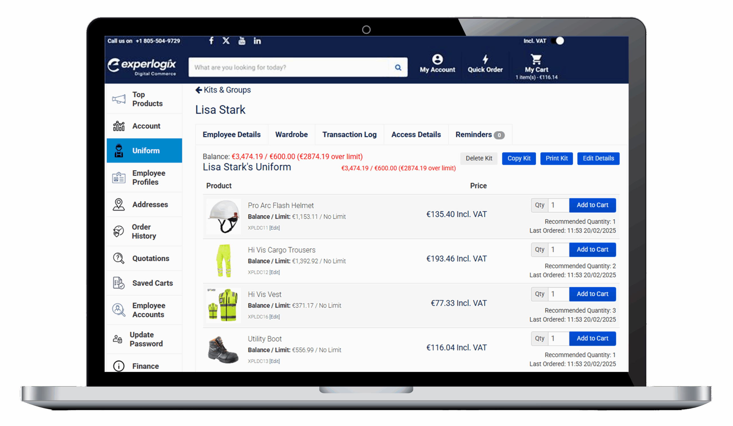 Experlogix Digital Commerce product screenshot in a laptop showing uniform management.