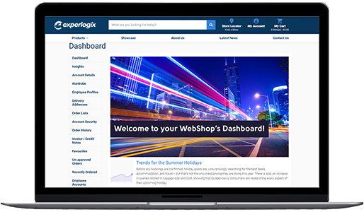 Experlogix Digital Commerce customer portal screenshot in a laptop.