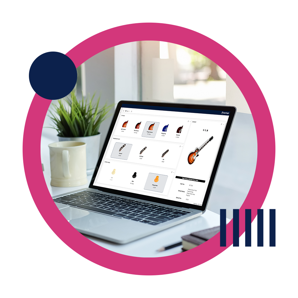 Experlogix CPQ screenshot in a laptop on a desk showing guitar setting configuration.