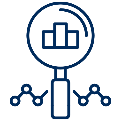 Magnifying glass with a bar graph indicating viewing data icon