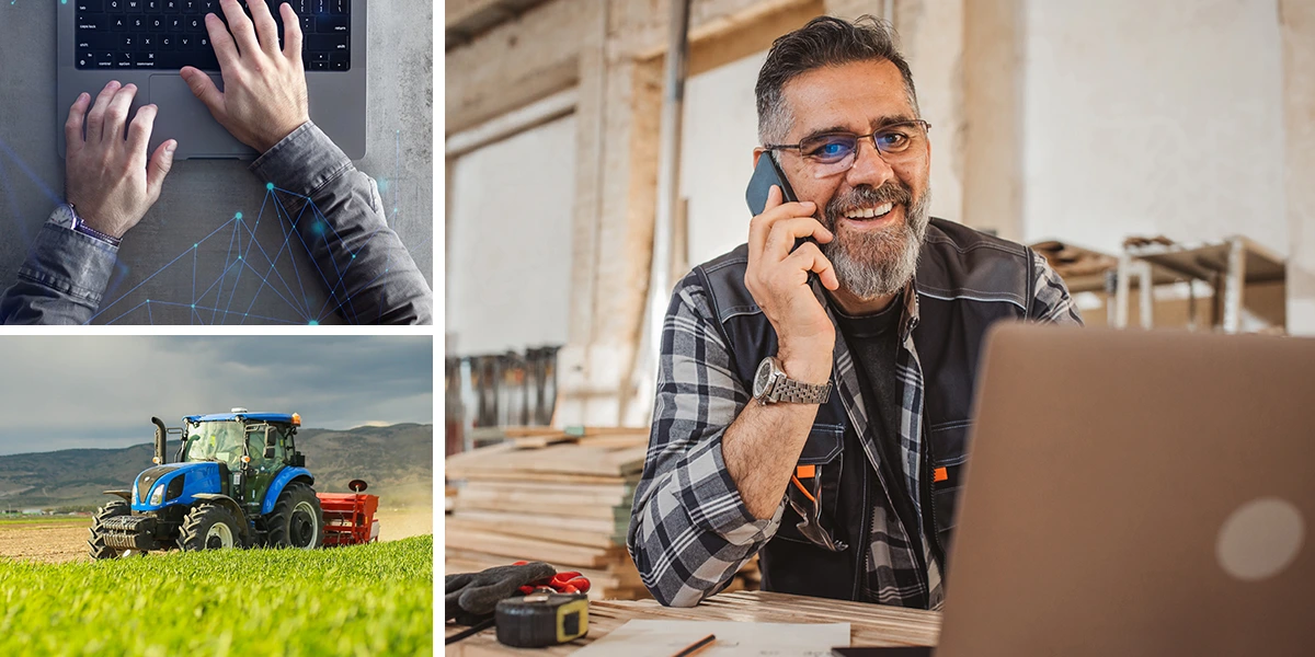 A collage image with a laptop, tractor and smiling carpenter looking at a device and talking on the phone.