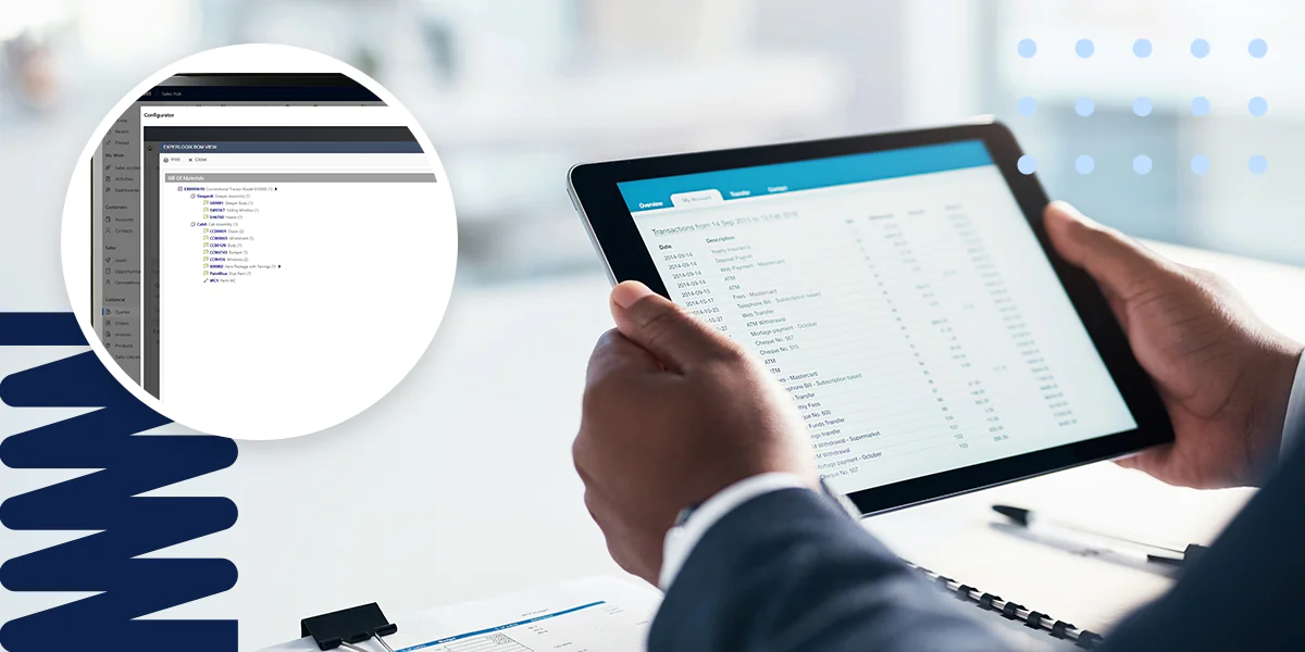 A photo of a business man holding a tablet device at a desk with a superimposed smaller picture of a desktop monitor with a screenshot of the BOM and routings using Experlogix CPQ.